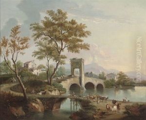 An Italiante Landscape With Drovers And Their Cattle Crossing A Bridge by Giovanni Battista Cimaroli