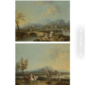 An Italianate Landscape With Elegant Figures On Horseback, Before A Riverside Town (+ An Italianate Landscape With Horsemen Crossing A Bridge, A Lady And A Gentleman With Their Dogs In The Foreground;