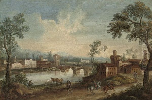 An Italianate Wooded River Landscape With Figures On Horseback - view 1