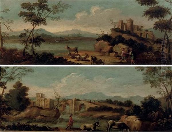 An Italianate River Landscape With A Herdsman Tending Cows And Travellers On A Track (+ An Italianate River Landscape With Peasants Tending Their Flock; 2 Works) - view 1
