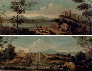An Italianate River Landscape With A Herdsman Tending Cows And Travellers On A Track (+ An Italianate River Landscape With Peasants Tending Their Flock; 2 Works) by Giovanni Battista Cimaroli