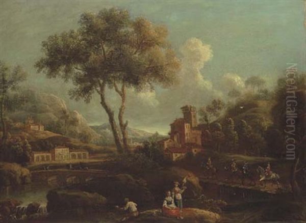 An Italianate Landscape With Peasants Fishing By A River, Horsemen Crossing A Bridge Beyond - view 1