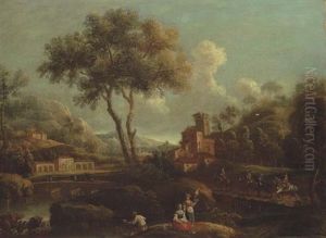 An Italianate Landscape With Peasants Fishing By A River, Horsemen Crossing A Bridge Beyond by Giovanni Battista Cimaroli