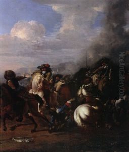 Reiterschalcht Auf Hugel, Im Hintergrund Eine Stadt Reiterschalcht Auf Hugel, Im Hintergrund Eine Stadt