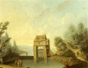 Moulin A Eau Sur Une Riviere (+ Le Retour Du Troupeau Devant Un Village Fortifie; Pair) by Giovanni Battista Cimaroli