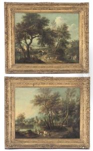 An Italianate River Landscape With Herdsmen (+ An Italianate River Landscape With Travellers; Pair) by Giovanni Battista Cimaroli