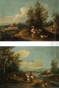 A River Landscape With A Horseman Conversing With A Woman On A Path, A Herdsman Watering His Cattle (+ A River Landscape With Herdsmen And Their Animals In The Foreground, A Town Beyond; Pair) by Giovanni Battista Cimaroli