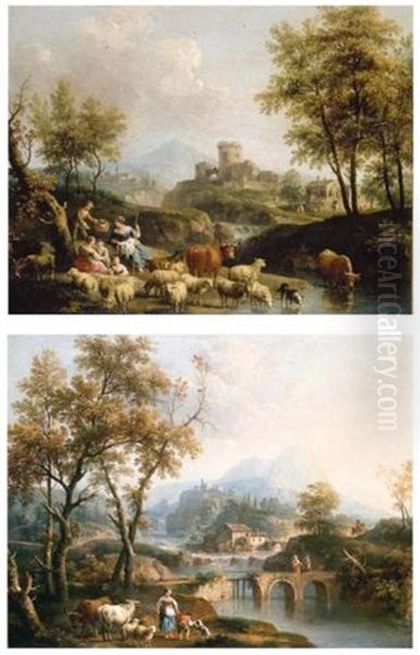 A Pastoral Landscape With Shepherdess Resting With Sheep And Cattle At A Watering-hole, A Capriccio View Of A Town Beyond (+ A River Landscape With A Shepherdess And A Boy Playing With A Dog; Pair) - view 1