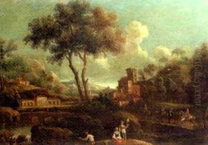 A Landscape With A Fisherman And Peasants Crossing A River, A Village And Mountains Beyond A Landscape With A Fisherman And Peasants Crossing A River, A Village And Mountains Beyond