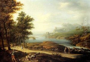 Paysage De Riviere Anime De Personnages by Giovanni Battista Cimaroli