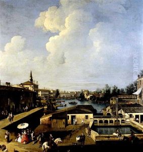 A View Of The Lock At Dolo On The Brenta Canal by Giovanni Battista Cimaroli