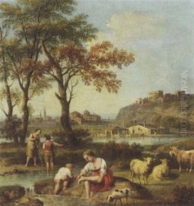 An Italianate Landscape With Figures Washing In A River