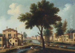 An Italianate Landscape With Figures And Cattle In A Town On A Canal by Giovanni Battista Cimaroli