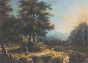 An Italianate Landscape With Figures In The Foreground, A Town In The Distance by Giovanni Battista Cimaroli