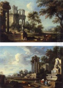 A Capriccio Landscape With Classical Ruins, Elegant Figures And A Cowherd In The Foreground