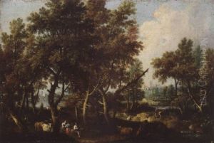 A Pastoral Landscape With Figures And Cattle Rested In A Wooded River Landscape by Giovanni Battista Cimaroli