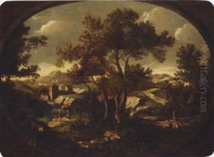 A Landscape With Travellers At Rest By A River, Other Figures On A Path, A Walled Town Beyond by Giovanni Battista Cimaroli