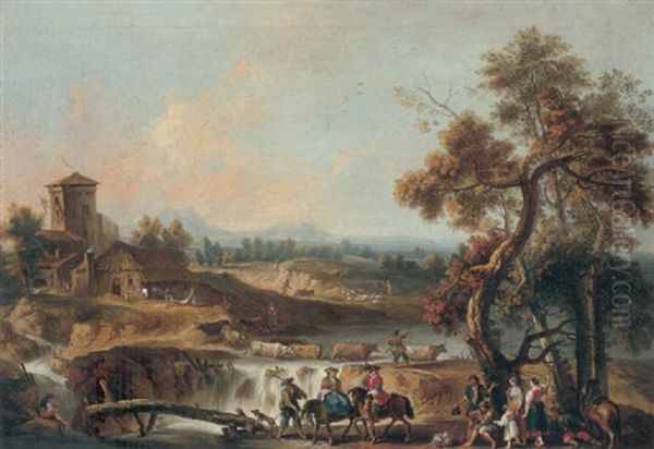 A River Landscape With Elegant Travellers And Other Figures By A Wooden Bridge, A Herdsman Crossing The River With His Cattle By A Waterfall - view 1