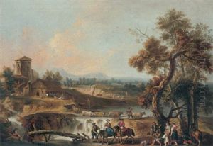 A River Landscape With Elegant Travellers And Other Figures By A Wooden Bridge, A Herdsman Crossing The River With His Cattle By A Waterfall by Giovanni Battista Cimaroli
