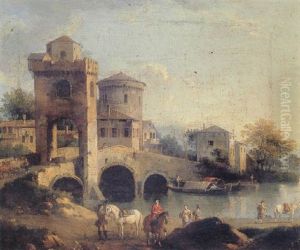 Italianate River Landscape With Figures by Giovanni Battista Cimaroli