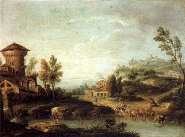 Hugelige Fluslandschaft Mit Hirten Und Einem Dorf - view 1