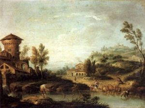 Hugelige Fluslandschaft Mit Hirten Und Einem Dorf by Giovanni Battista Cimaroli