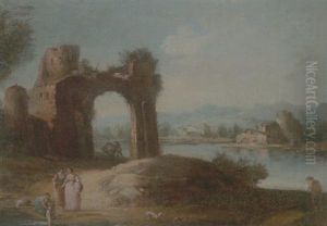 A River Landscape With Washerwomen, A Ruined Arch Beyond by Giovanni Battista Cimaroli