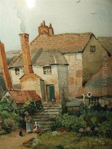 A Mother, Child And Cat In The Grounds Of A Country Dwelling by William Anderson