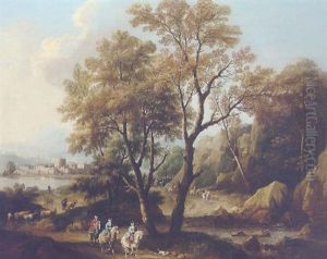 A River Landscape With Elegant Figures Riding On Horseback And A Herdsman Driving His Cattle On A Track Beyond