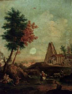 An Italianate Landscape With Shepherds Crossing A Stream, Washerwomen At A Fountain Beyond