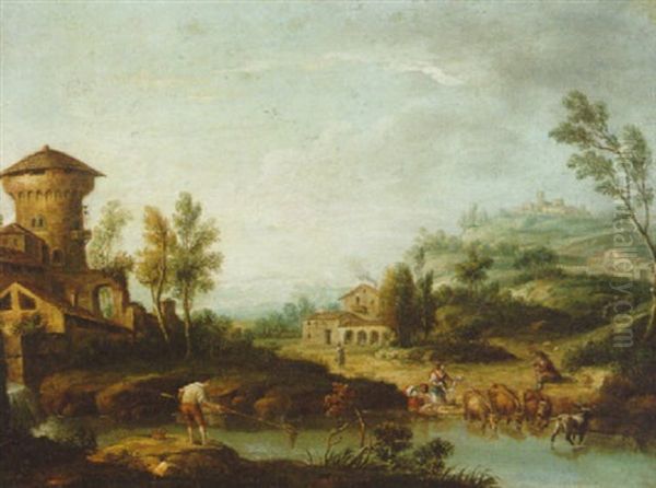 A Wooded River Landscape With Peasants And Animals - view 1
