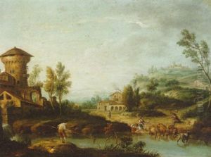 A Wooded River Landscape With Peasants And Animals