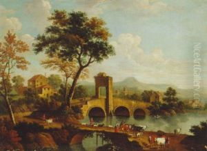 An Italianate Landscape With Herdsmen Crossing A River, A Bridge Beyond