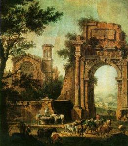 A Capriccio Of Ruins With Travellers Passing Through The Arch Of Vespasian by Giovanni Battista Cimaroli