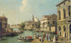 A Townscape In The Brenta  Vallery With Elephant Figures Promenading Before Classical Buildings