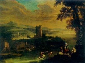 An Extensive River Landscape With An Elegant Couple On Horseback, A Village Beyond