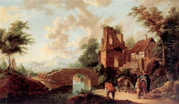 Mountainous Riverscape With A Stone Bridge, A Ruin And Figures - view 1