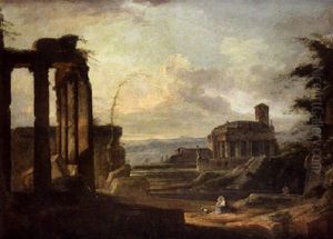 Paysage De La Campagne Romaine Avec Des Ruines Antiques Animees De Personnages by Giovanni Battista Cimaroli