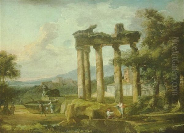 Paysage De La Campagne Italienne A La Fontaine Et Au Ruine D'un Temple Antique - view 1