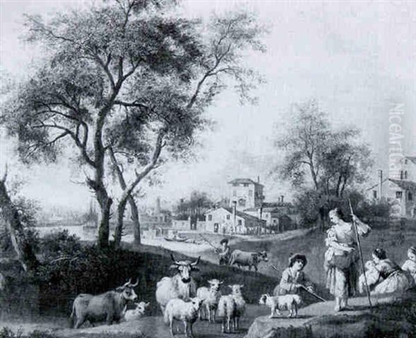 An Extensive River Landscape With Shepherdesses And Cow-herds Teanding Their Animals - view 1