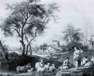 An Extensive River Landscape With Shepherdesses And Cow-herds Teanding Their Animals by Giovanni Battista Cimaroli