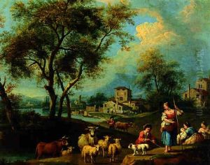 A River Landscape With Peasants And Farm Animals Near A Village