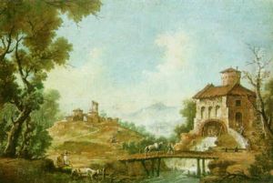 Mountainous River Landscape With A Rider Walking His Horse Across A Wooden Bridge