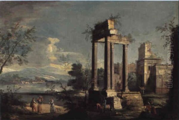 Classical Ruins By A Lake With A Gentleman On Horseback And Peasants - view 1