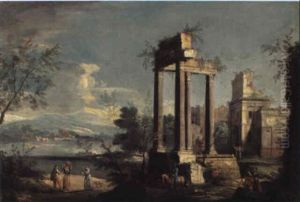 Classical Ruins By A Lake With A Gentleman On Horseback And Peasants by Giovanni Battista Cimaroli
