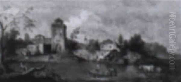 River Landscape With A Village And Figures At The Shore - view 1
