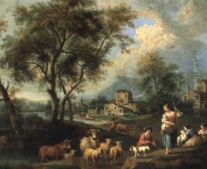 Flusslandschaft Mit Hirten Und Ihrer Herde by Giovanni Battista Cimaroli