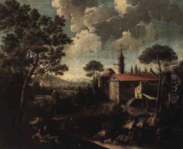 Landscape With Shepherd By A Stream And A Church In The Background - view 1