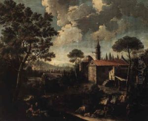 Landscape With Shepherd By A Stream And A Church In The Background by Giovanni Battista Cimaroli