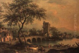 A Lakeside Town In The Veneto With Figures And Cattle On A Track by Giovanni Battista Cimaroli